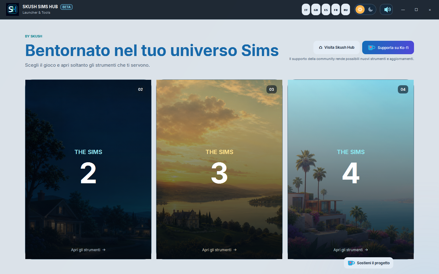 Schermata principale di Skush Sims Hub