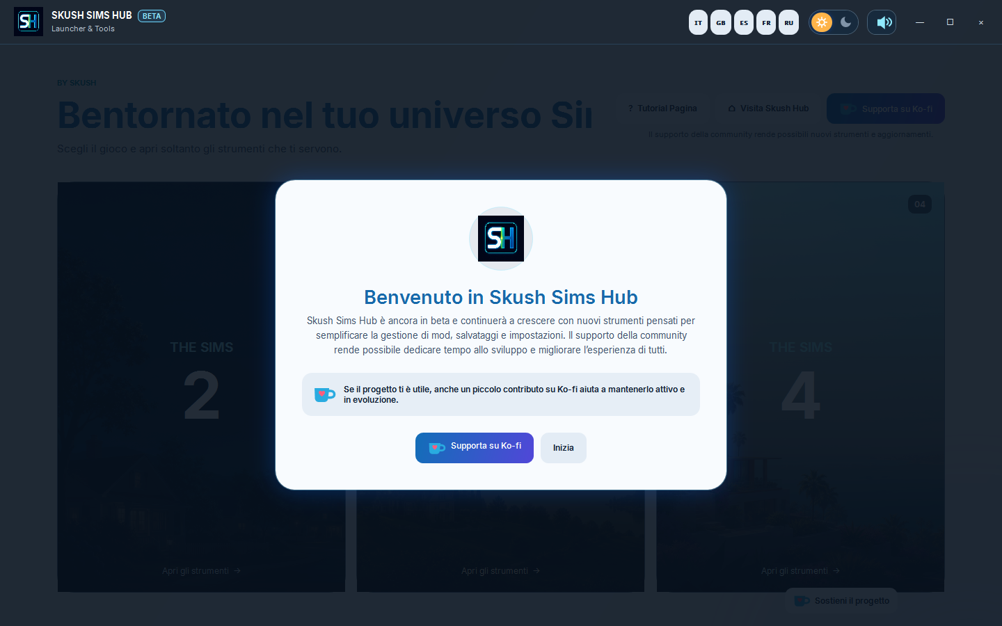 Messaggio di benvenuto di Skush Sims Hub